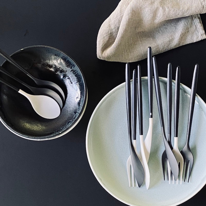 japanese tablesetting - black bowl and light blue plate. handmade in JAPAN. Added zirconia cutlery in black and white from Japan. Buy online at JAHOKO